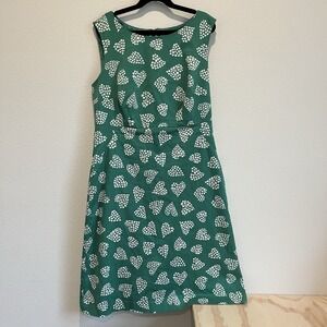 Women's Midi Boden Shift Dress Sz US6 UK10 Green White Hearts Sleeveless